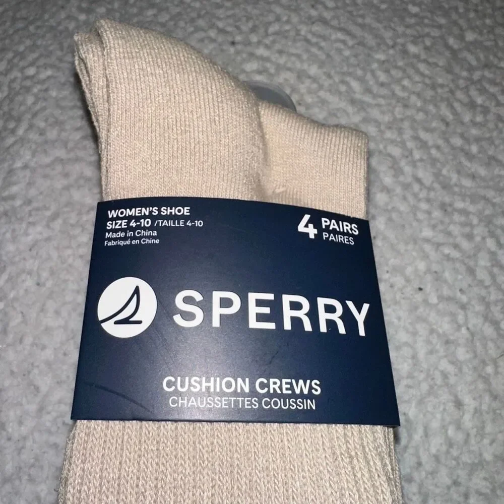 Sperry Women’s Cushion Crew Socks Pack of 4 Pairs Tan Cream White NWT